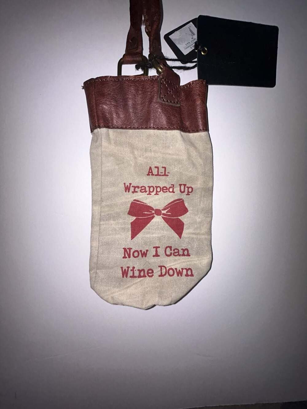 Mona B Up-Cycled Canvas and Leather Wine Bag with 'All Wrapped Up Now I Can Wine